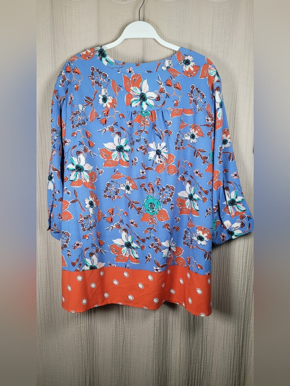 Denim&Co Blue Floral Button-Down with Orange Polka-Dot Hem - Picture 13 of 16